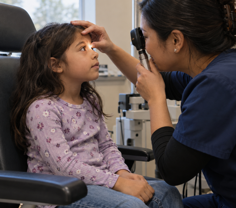 child getting eye checked by dr