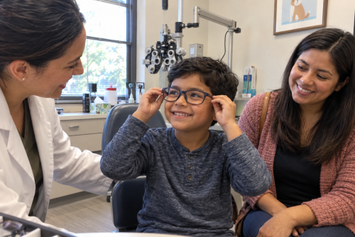 Optometrist fitting glasses on a smiling boy as his mother watches during a pediatric eye exam